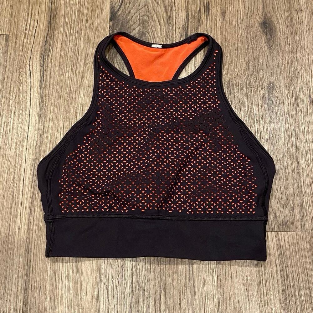 Lululemon Get Your Peek On Sports Bra Size 4 XS Purple Orange Lazer Cut Hi Neck